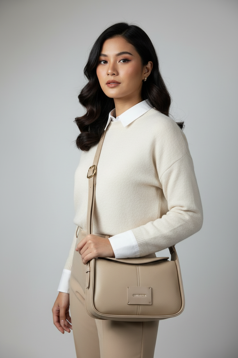 Chrisbella Beige Cream Luxury Shoulder Bag with Adjustable Sling & Matching Wallet – Elegant Textured Hobo Bag for Women | UAE