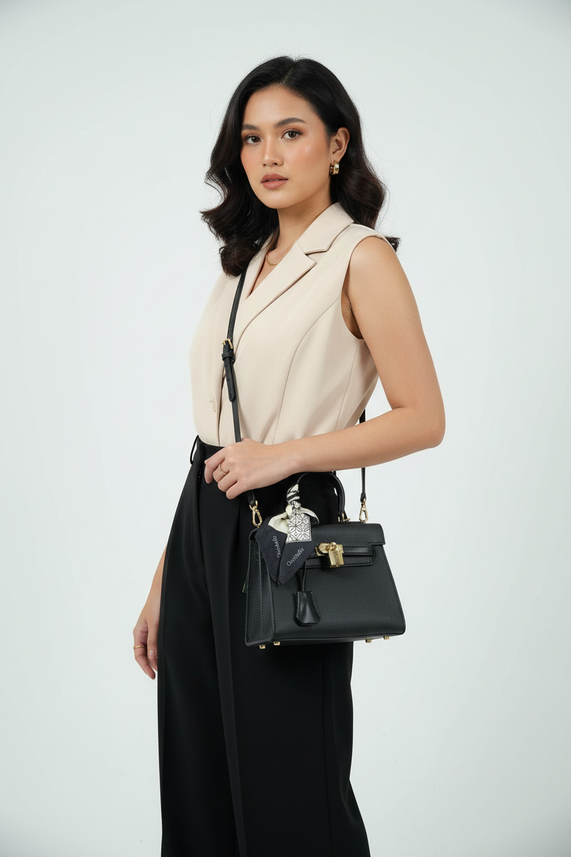 Chrisbella Mini Black Luxury Structured Handbag with Adjustable Sling, Scarf & Lock – Elegant Top Handle Bag | UAE