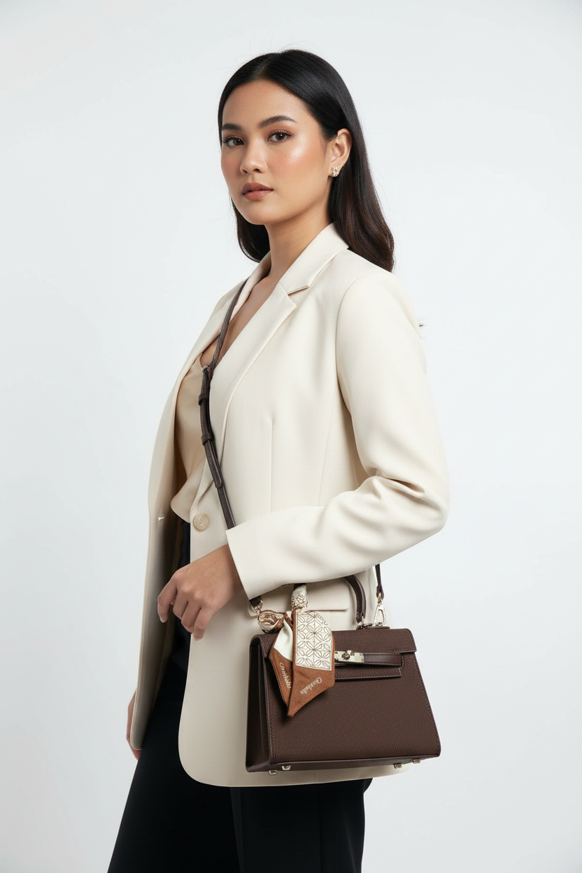 Chrisbella Mini Dark Brown Luxury Structured Handbag with Sling, Scarf & Lock | Women’s Top Handle Bag UAE