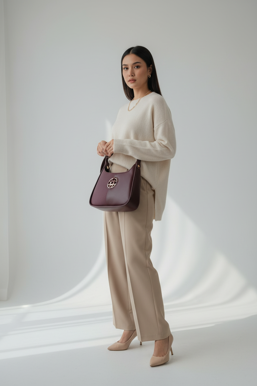 Chrisbella Burgundy Wine Luxury Shoulder Bag with Gold Hardware & Matching Wallet – Elegant Handbag Set for Women | UAE