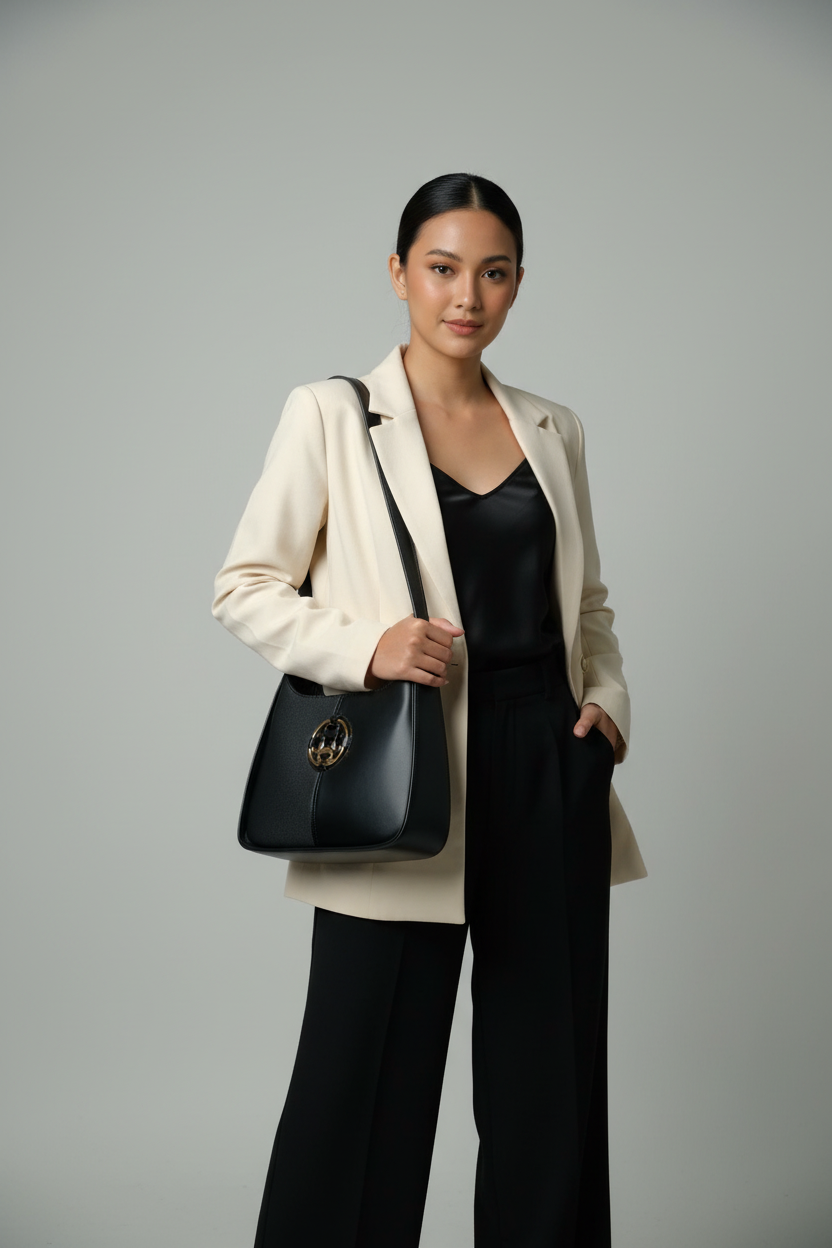 Chrisbella Black Luxury Shoulder Bag with Gold Hardware & Matching Wallet – Elegant Handbag Set for Women | UAE