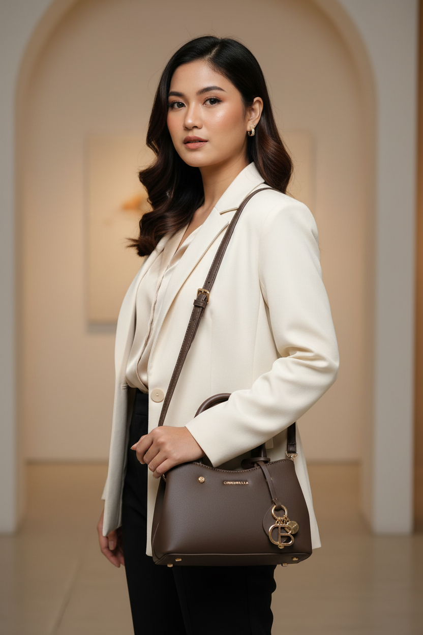 Chrisbella Dark Brown Mini Luxury Handbag with Adjustable Sling & Gold Hardware – Elegant Compact Top Handle Bag | UAE