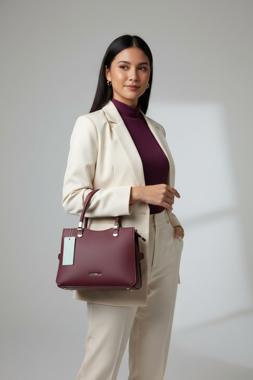 Chrisbella Mini Burgundy Wine Luxury Handbag with Adjustable Sling & Matching Pouch – Elegant Top Handle Crossbody Bag | UAE