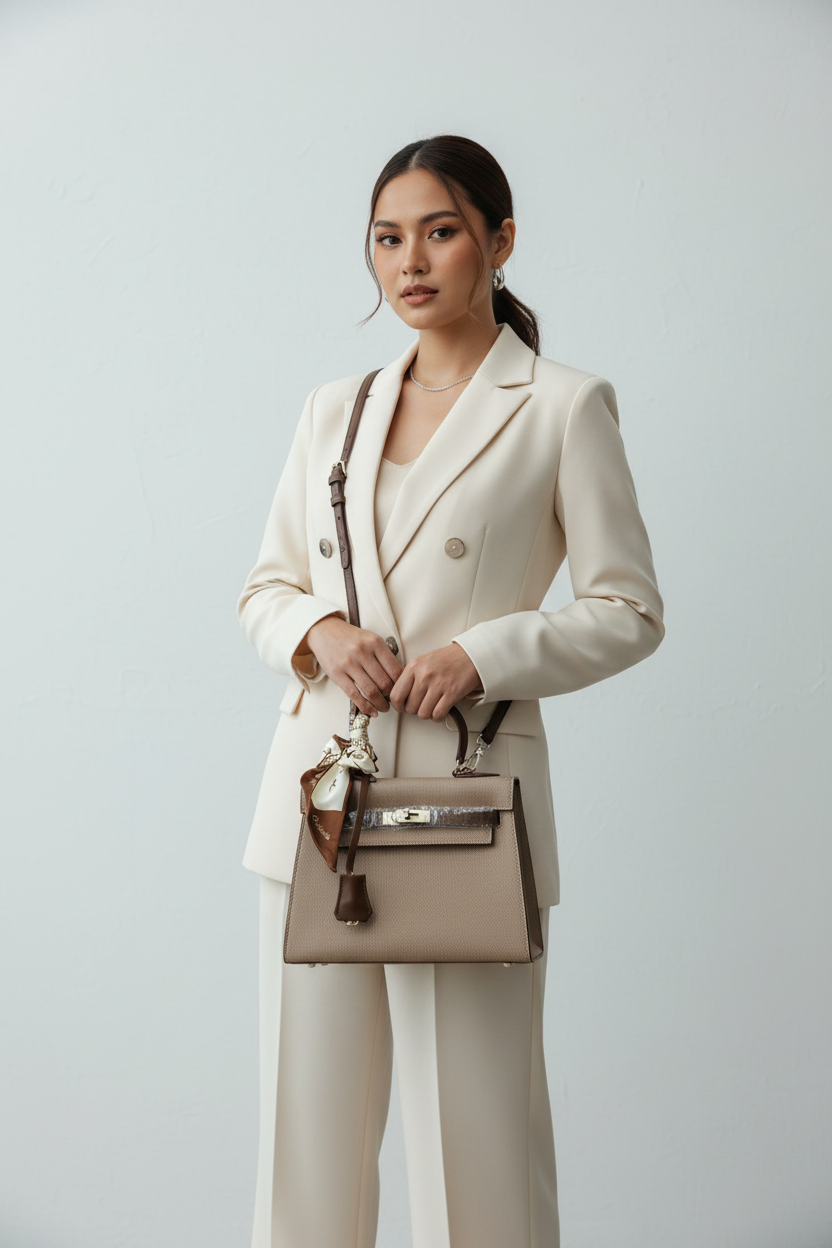 Chrisbella Khaki Luxury Handbag with Silver Lock Hardware & Decorative Scarf – Elegant Top Handle Bag for Women | UAE