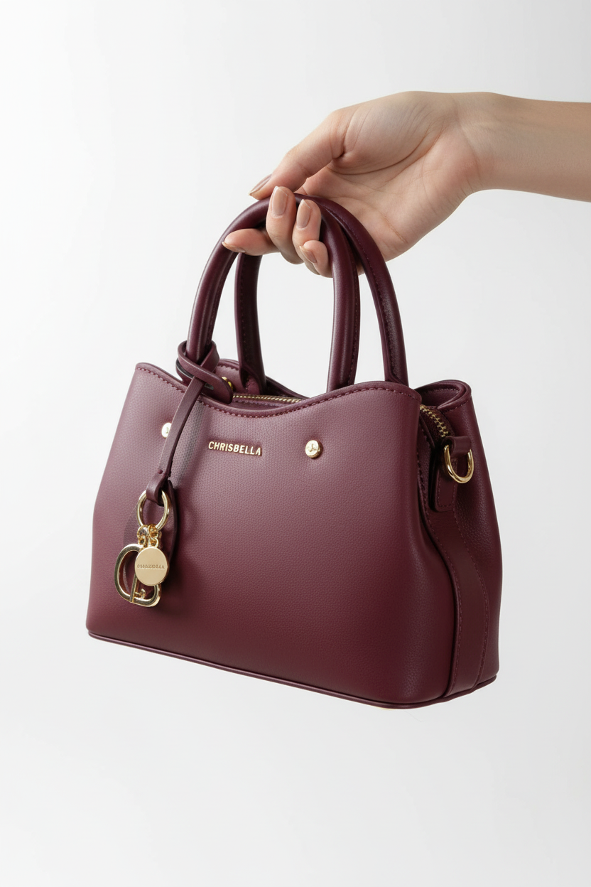 Chrisbella Mini Burgundy Wine Luxury Handbag with Adjustable Sling, Embossed Floral Detail & Gold Hardware – Elegant Top Handle Bag | UAE