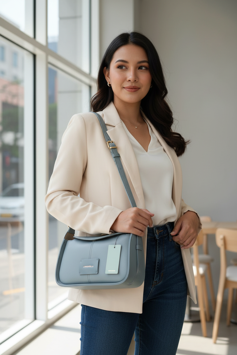 Chrisbella Blue Gray Luxury Shoulder Bag with Adjustable Sling & Matching Wallet – Elegant Textured Hobo Bag for Women | UAE