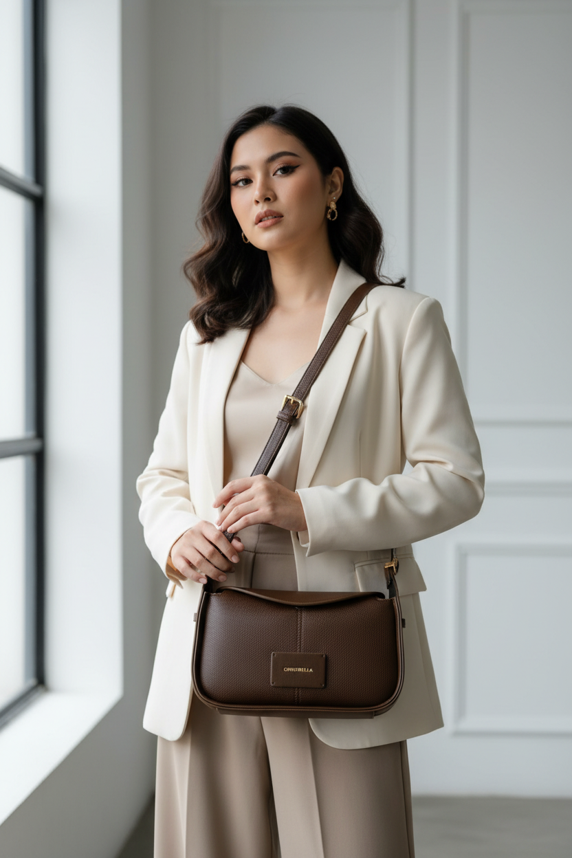 Chrisbella Brown Luxury Shoulder Bag with Adjustable Sling & Matching Wallet – Elegant Textured Hobo Bag for Women | UAE