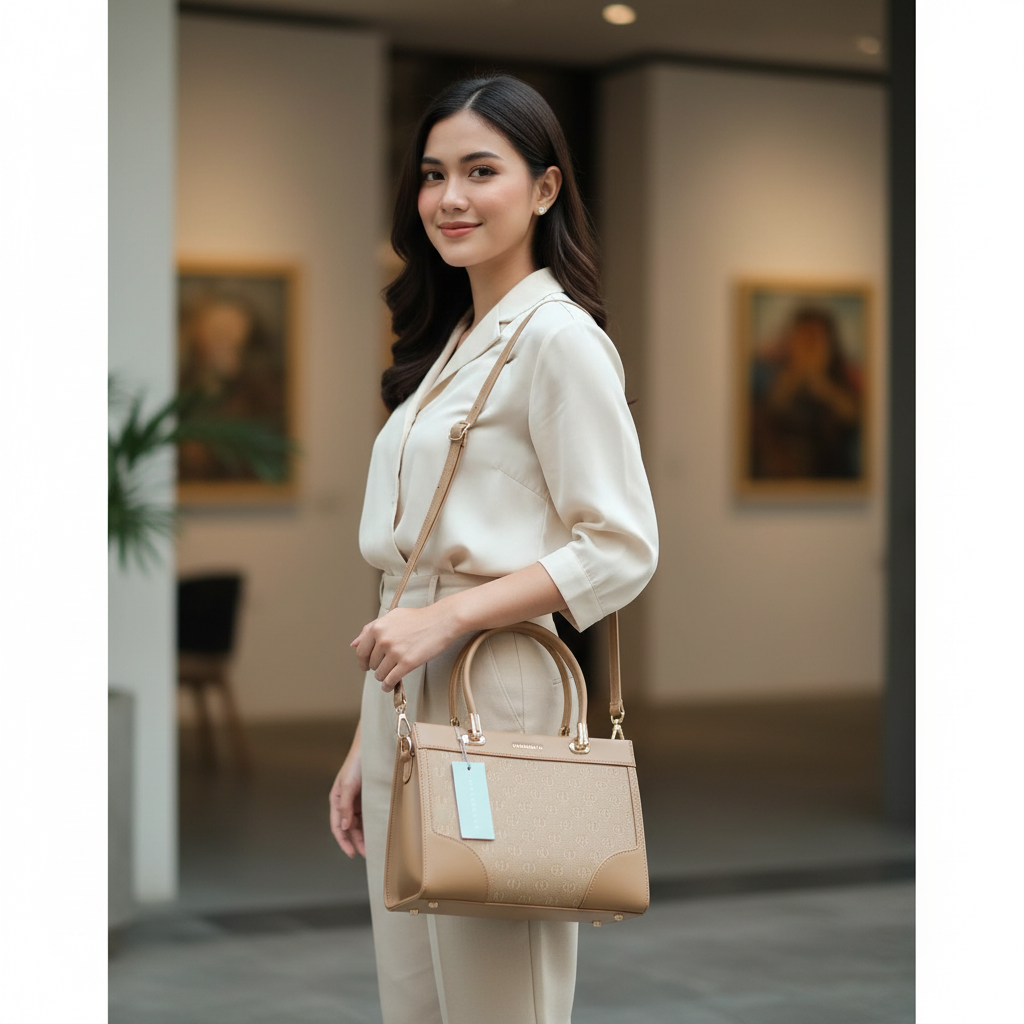 Chrisbella Luxury Handbag with Sling & Matching Wallet – Elegant Beige Top Handle Bag for Women | UAE