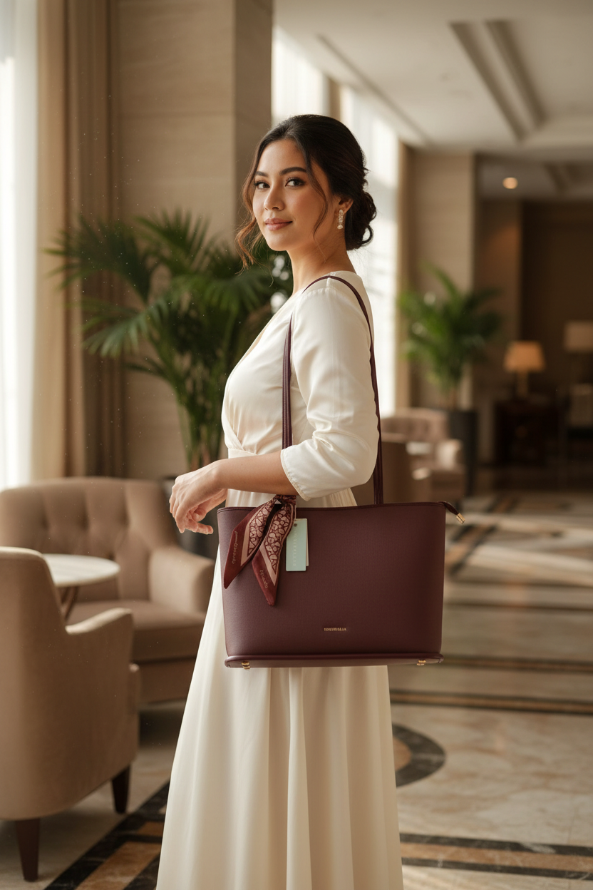 Chrisbella Burgundy Wine Luxury Tote Bag with Sling, Scarf & Matching Wallet – Elegant Textured Shoulder Bag for Women | UAE