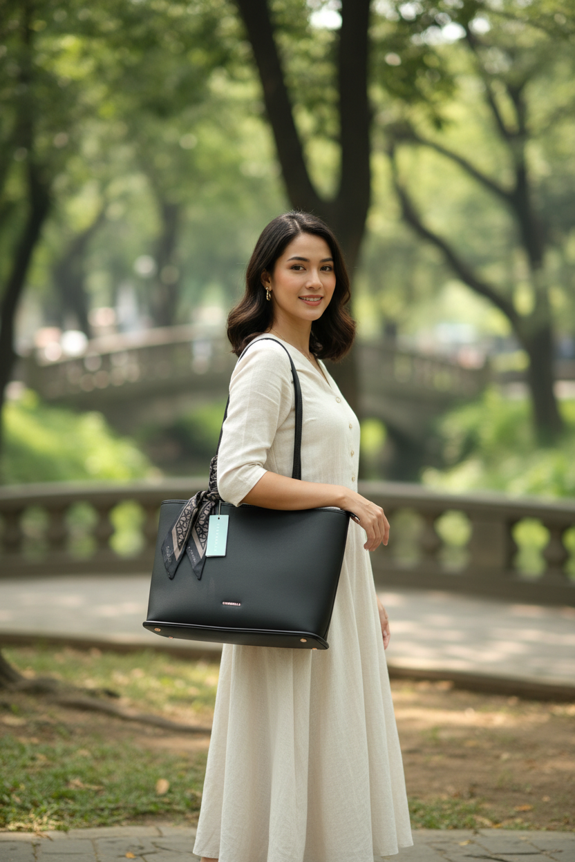 Chrisbella Black Luxury Tote Bag with Sling, Scarf & Matching Wallet – Elegant Textured Shoulder Bag for Women | UAE