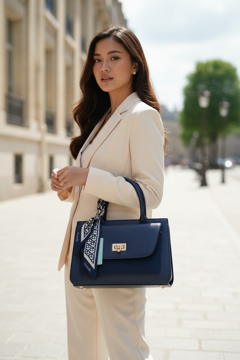 Chrisbella Navy Blue Luxury Handbag with Sling & Matching Wallet – Elegant Textured Top Handle Bag for Women | UAE