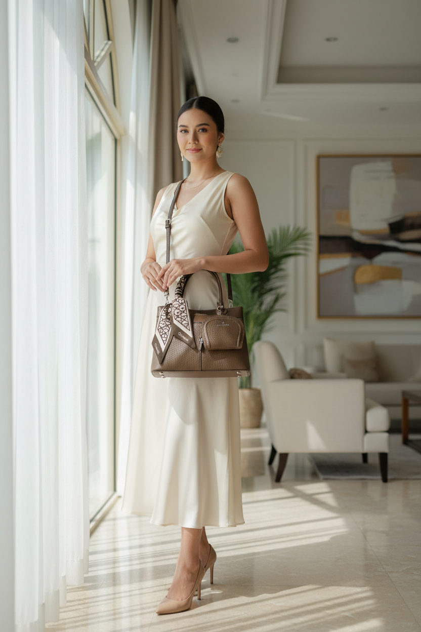 Chrisbella Taupe Brown Luxury Handbag with Sling & Matching Pouch – Elegant Textured Top Handle Bag for Women | UAE