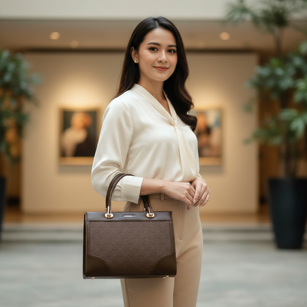Chrisbella Dark Brown Luxury Handbag with Sling & Matching Wallet – Elegant Textured Top Handle Bag for Women | UAE
