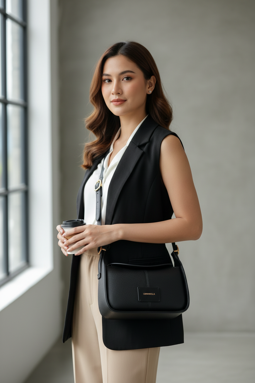 Chrisbella Black Luxury Shoulder Bag with Adjustable Sling & Matching Wallet – Elegant Textured Hobo Bag for Women | UAE