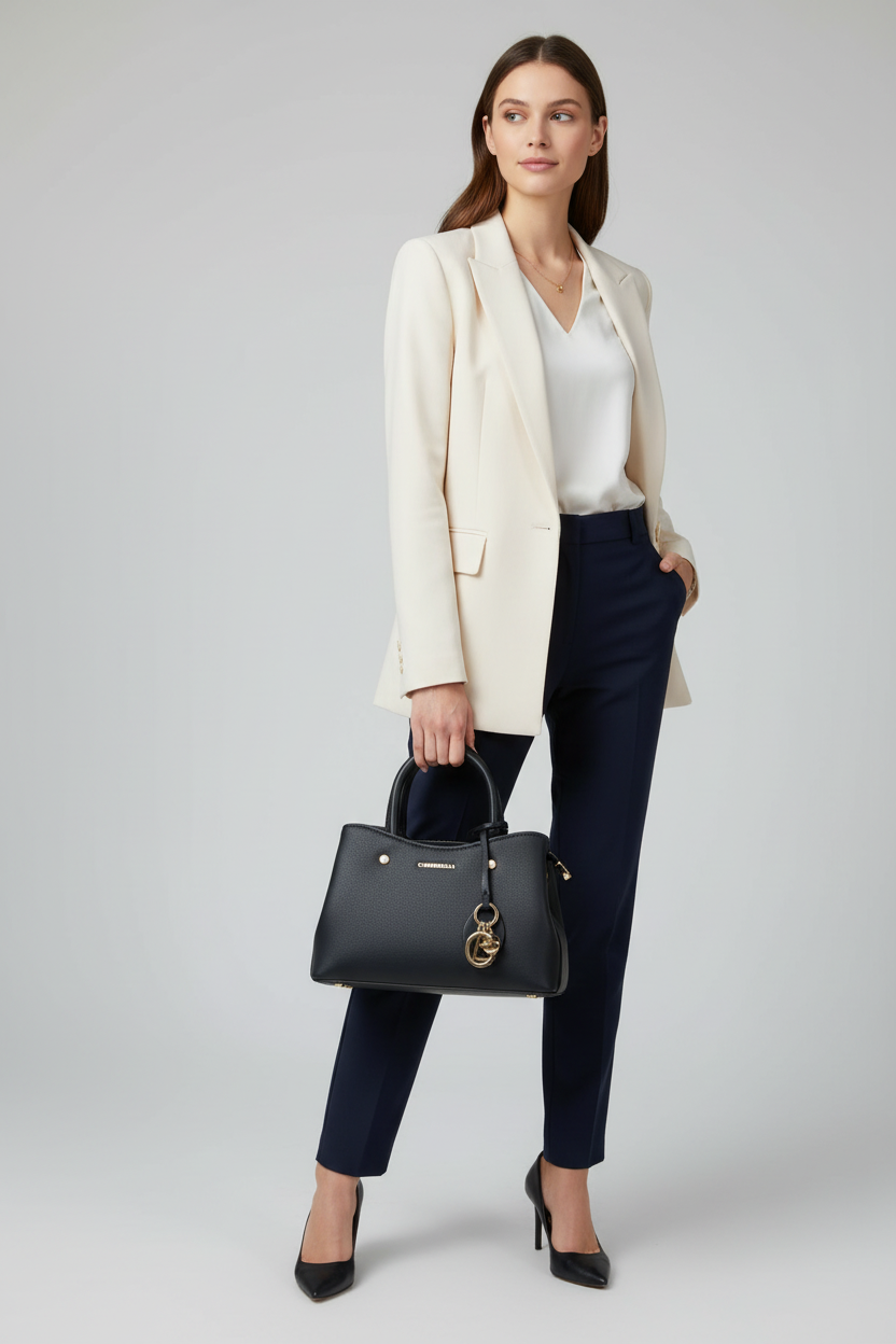 Chrisbella Mini Black Luxury Handbag with Adjustable Sling – Elegant Top Handle Crossbody Bag with Gold Hardware | UAE
