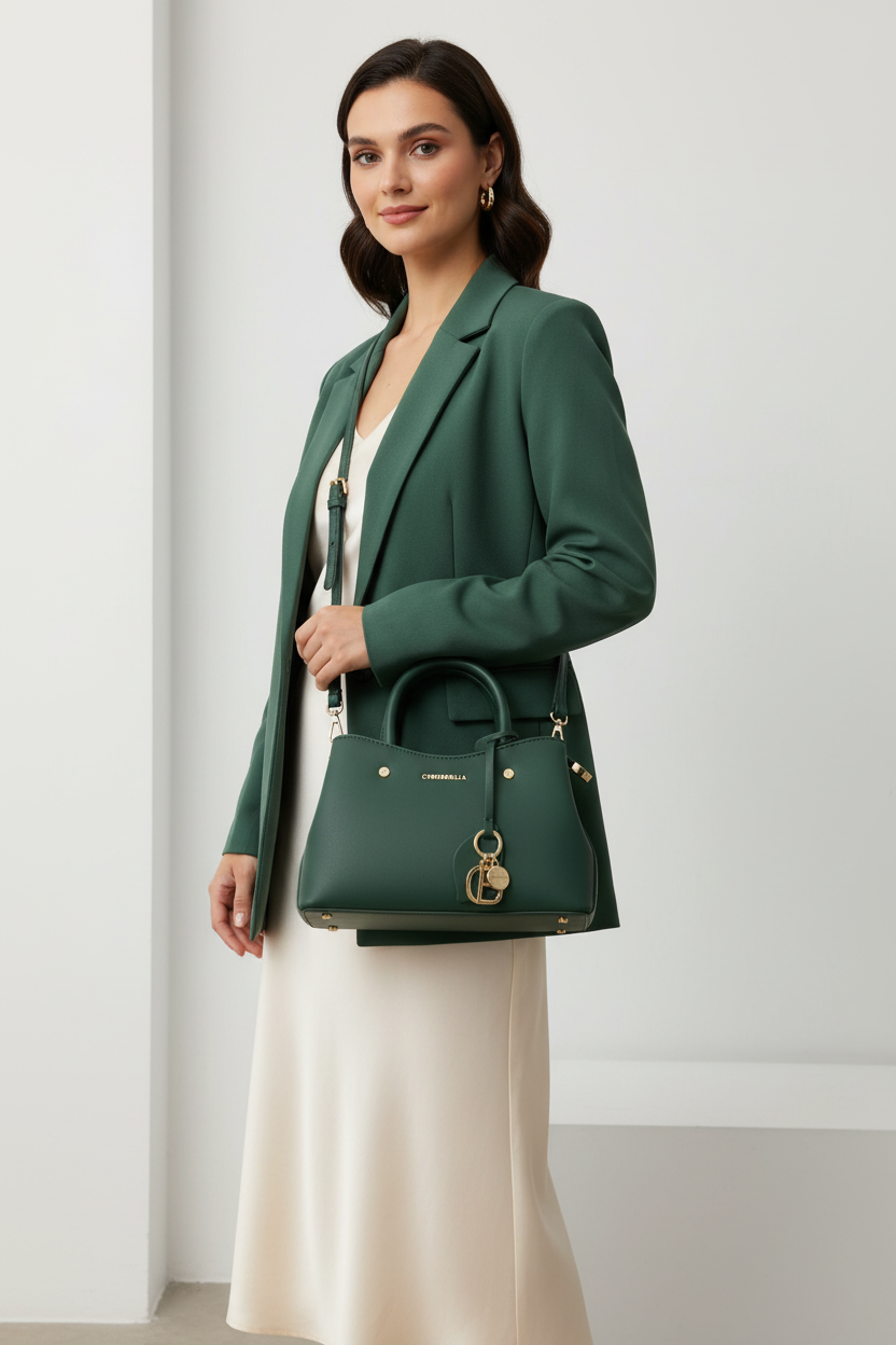 Chrisbella Mini Green Luxury Handbag with Adjustable Sling – Elegant Top Handle Crossbody Bag with Gold Hardware | UAE