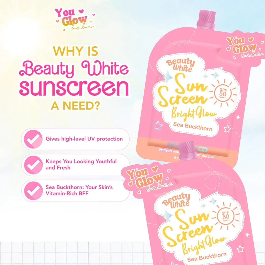You Glow Babe Bright Glow Sunscreen SPF50 – Sea Buckthorn, 25g (2 Sachets) | Lightweight UV Protection | UAE