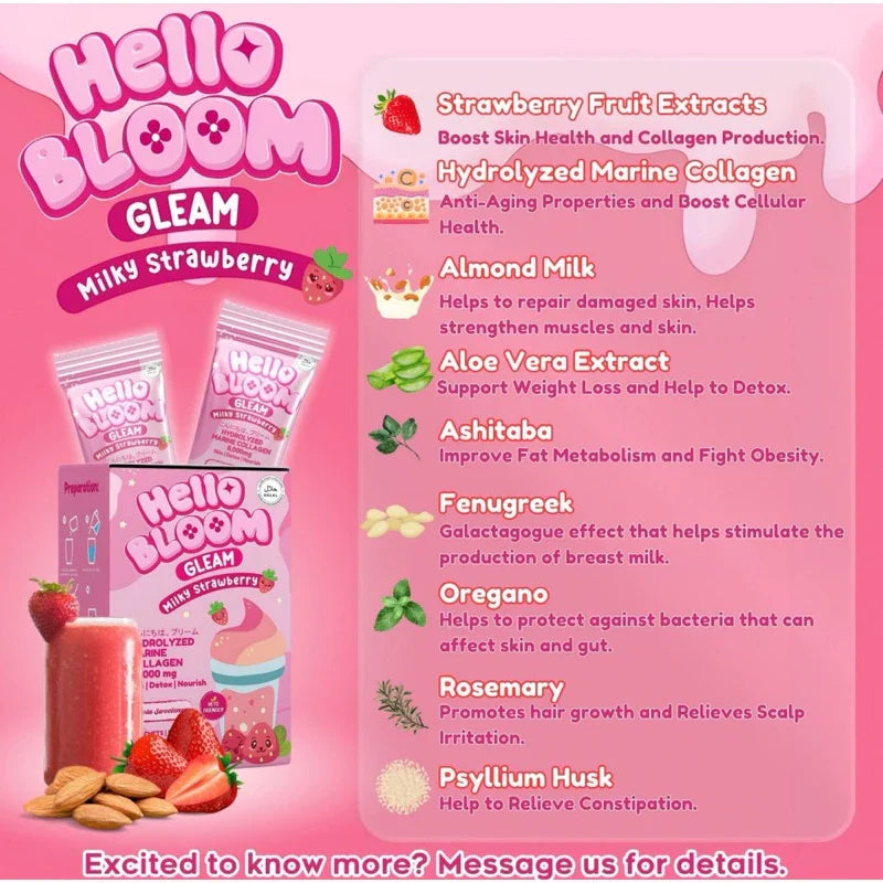 KIRAY CELIS Hello Bloom Gleam Milky Strawberry – 10 Sachets (180g) | Creamy Fruit Milk Drink | UAE