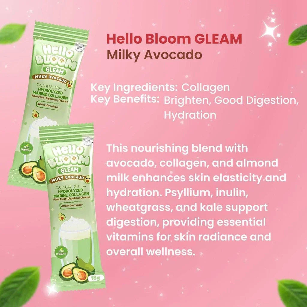 KIRAY CELIS Hello Bloom Gleam Milky Avocado – 10 Sachets (180g) | Creamy Avocado Milk Drink | UAE