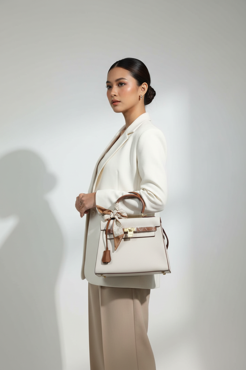 Chrisbella Beige Cream Luxury Handbag with Gold Lock Hardware & Decorative Scarf – Elegant Top Handle Bag for Women | UAE