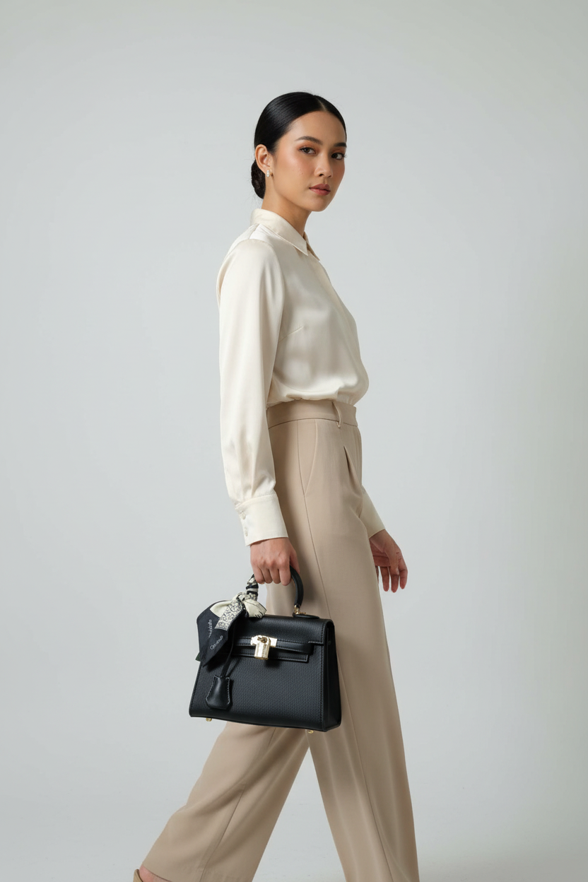 Chrisbella Black Luxury Handbag with Gold Lock Hardware & Decorative Scarf – Elegant Top Handle Bag for Women | UAE