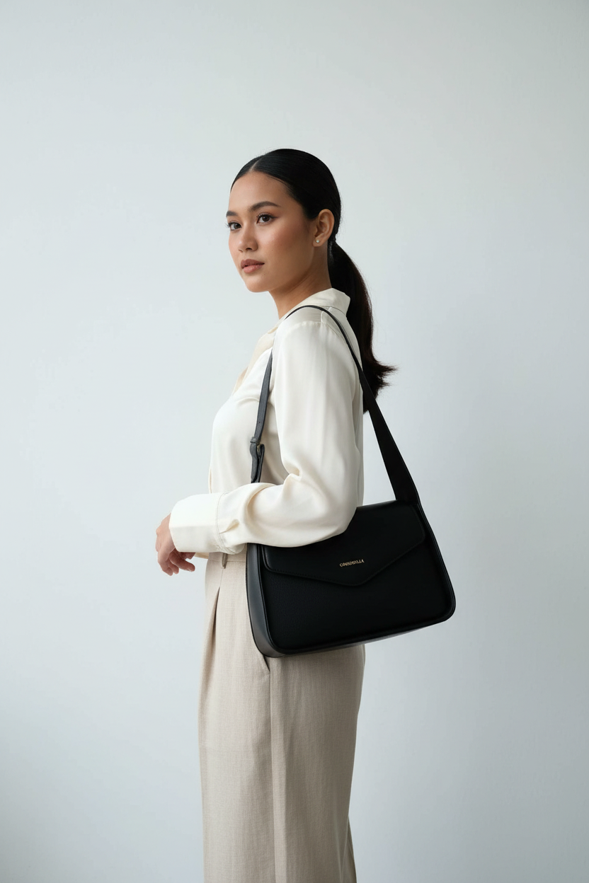 Chrisbella Black Luxury Shoulder Bag with Envelope Flap & Matching Wallet – Elegant Handbag Set for Women | UAE