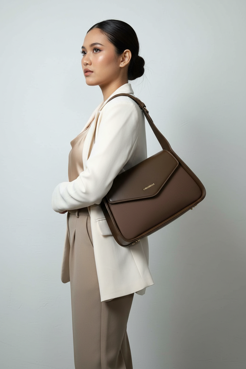 Chrisbella Brown Luxury Shoulder Bag with Envelope Flap & Matching Wallet – Elegant Handbag Set for Women | UAE