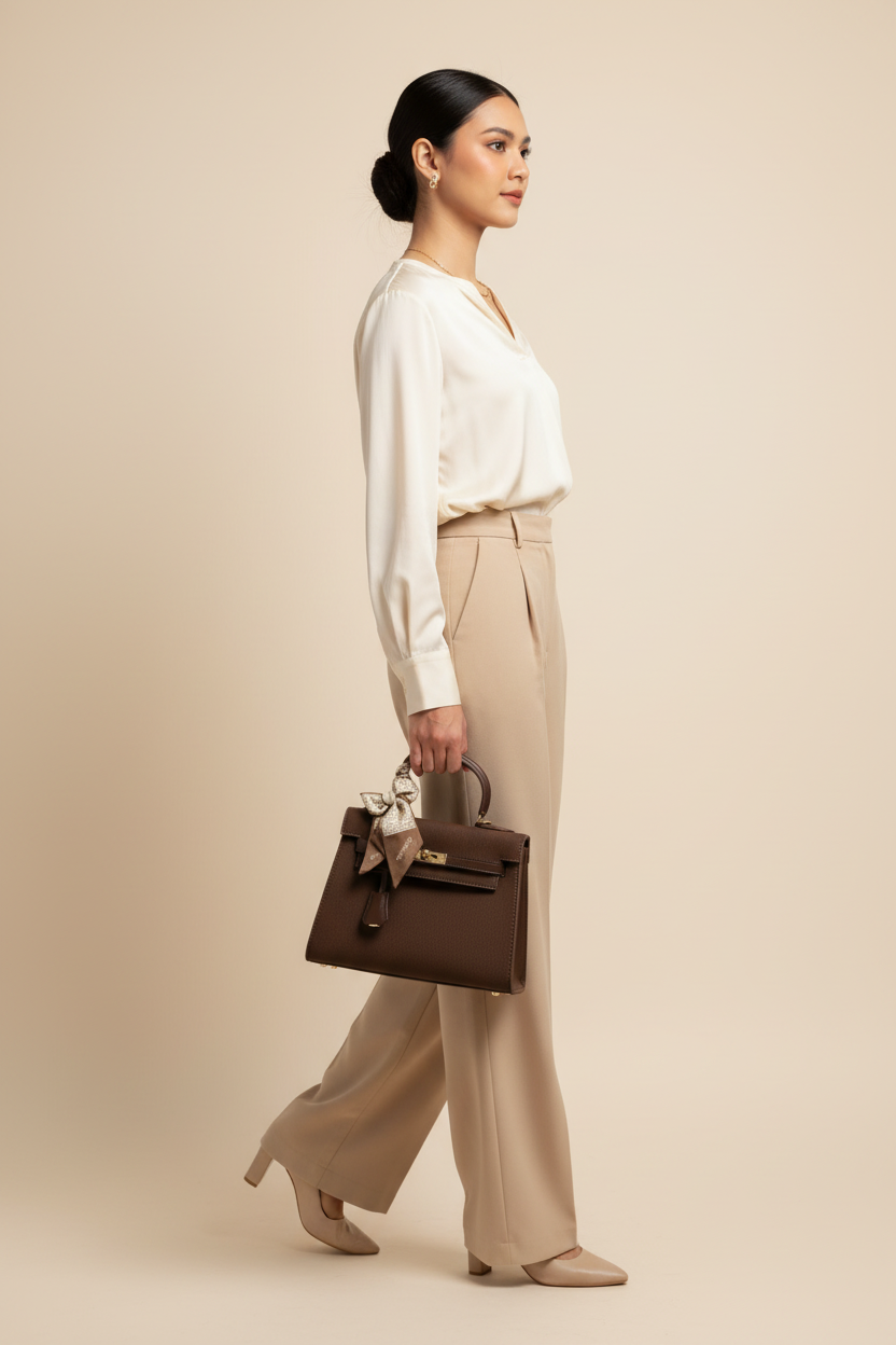Chrisbella Dark Brown Luxury Handbag with Gold Lock Hardware & Decorative Scarf – Elegant Top Handle Bag for Women | UAE