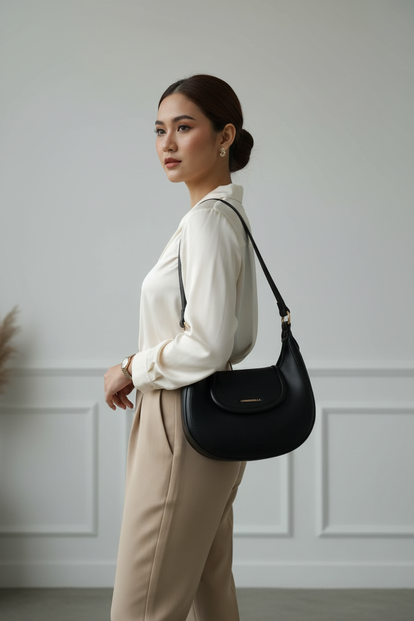 Chrisbella Black Luxury Hobo Bag Set with Mini Bag & Gold Chain Strap – Elegant Shoulder Bag for Women | UAE