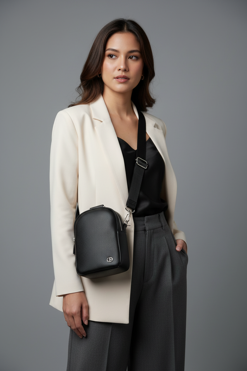 Chrisbella Black Leather Crossbody Bag – Compact Messenger Bag with Adjustable Strap for Women | UAE